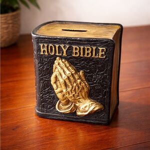 Vintage Holy Bible Bank Praying Hands Coin Bank Black Gold Religious Decor